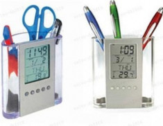 Suport de pixuri cu afisaj LCD pentru calendar, ceas si termometru foto