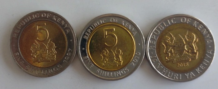 Lot 3 monede 5 Shillings diferite Kenya