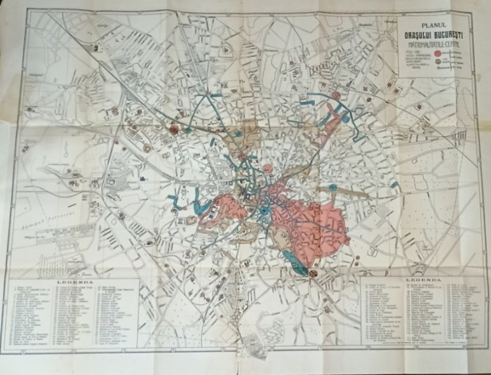 PLANUL ORASULUI BUCURESTI , NATIONALITATILE , CENTRE ( CU REPARTIZARILE ETNIILOR PE ZONE ) , ANII &#039;30 , VEZI DESCRIEREA !