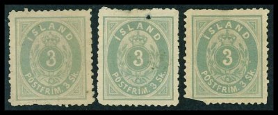 Iceland 1873 Official 3 x 3 sk grey no gum with fault Mi.2B MH AM.256 foto
