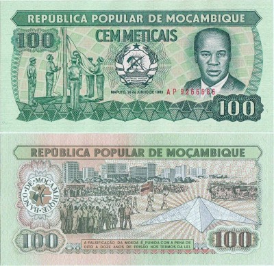 1983 ( 16 VI ) , 100 meticais ( P-130a.1 ) - Mozambic - stare UNC foto