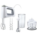 Mixer de mana Braun HM5137WH, 750 W, 9 viteze + Turbo, Pahar gradat 0.6L, Tocator 0.5l, Picior pasator inox, 2 palete, 2 carlige, Alb/Gri