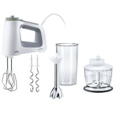 Mixer de mana Braun HM5137WH, 750 W, 9 viteze + Turbo, Pahar gradat 0.6L, Tocator 0.5l, Picior pasator inox, 2 palete, 2 carlige, Alb/Gri