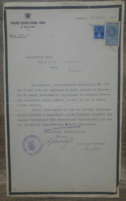 Scrisoare de recunostinta a Consiliului Eparhial al Bucovinei, 1935