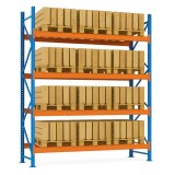 Raft metalic industrial depozitare paleti 4 niveluri, 29.7m x 1m x 3.2m, 11 segmente, capacitate 132 paleti, 1800 kg/nivel, 12 picioare laterale, 66