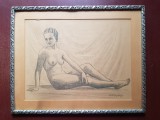 Dezideriu - Nud de femeie asezata. Schita in carbune / creion pe hartie (dimensiune 31 x 39 cm cu rama)