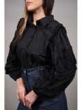 Camasa Dama Scurta Poplin Maneca Bufanta Exilles Neagra S/M Bumbac Eleganta Casual-Chic
