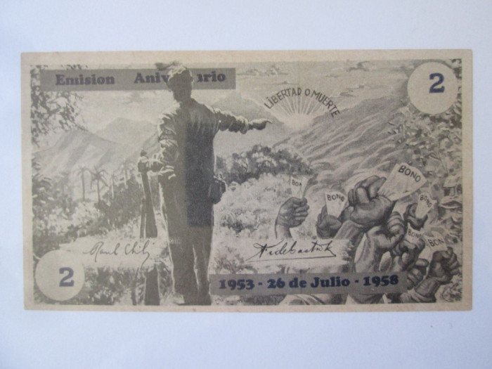 Rara! Cuba 2 Pesos 1958 emisiune aniversara semnatura Fidel Castro,vedeti foto