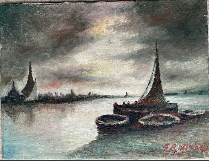 Tablou S. Racinaro (?) / lucrare dimensiuni 40 x 30 cm / ulei pe panza caserata, marina, cu pasta groasa / atmosfera reusita