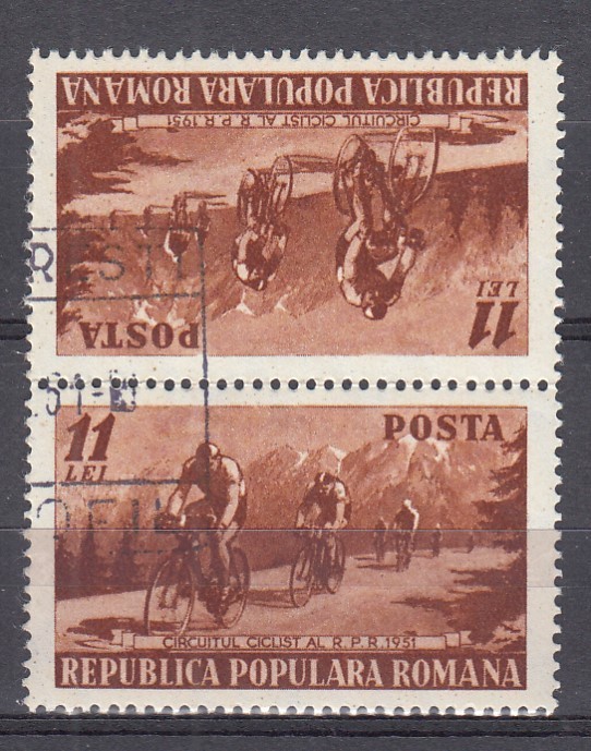 ROMANIA 1951 LP 281 a CIRCUITUL CICLIST TETE-BECHE STAMPILA PRIMA ZI BUCURESTI