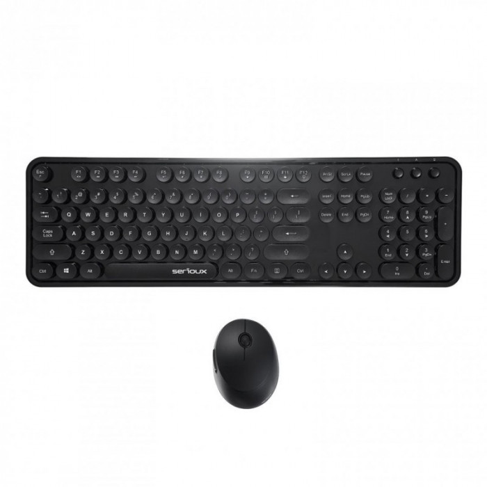 Kit Tastatura + Mouse Serioux Retro, Wireless, 2.4 GHz, Receiver USB Nano, 1600 Dpi Ajustabil, Taste Numerice, Layout US, Negru