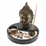 Decoratiune gradina zen in miniatura suport rotund si capul lui buddha lumanare betisoare parfumate si accesorii, Stonemania Bijou
