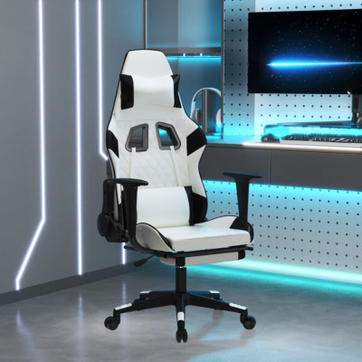 vidaXL Scaun de gaming cu suport picioare, alb/negru, piele ecologică foto