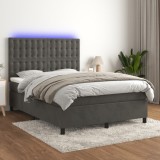Gossi pat cu arcuri, saltea si led, gri inchis, 140x190 cm, catifea
