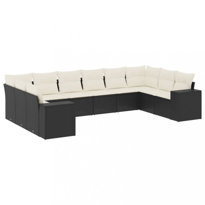 Set canapele de gradina cu perne, 10 piese, negru, poliratan