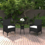 Set mobilier bistro gradina 3 piese, negru, poliratan si sticla GartenMobel Dekor, vidaXL