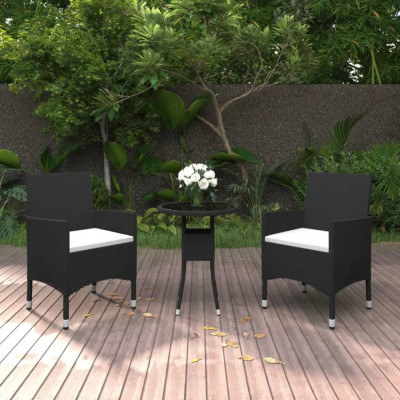 vidaXL Set mobilier bistro grădină 3 piese, negru, poliratan și sticlă foto