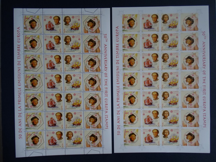 Romania LP 1691+1691a MNH/**, 50 de ani CEPT, in coli de 7 serii dant si nedant