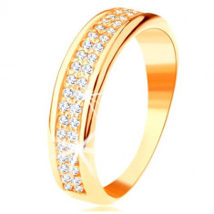 Inel din aur galben de 14K - două linii de zirconii transparente, margine rotunjită, lucioasă - Marime inel: 52