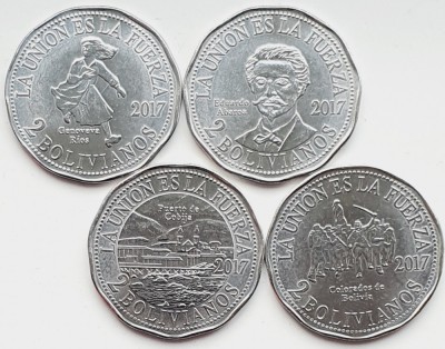 Set 4 monede Bolivia 4 x 2 Bolivianos 2017 claims to Chile UNC - A028 foto