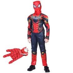 Set costum Iron Spiderman, New Era, rosu, manusa cu discuri inclusa, 3-5 ani, 100-110 cm