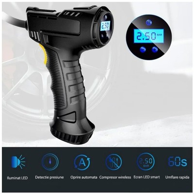 Compresor portabil auto wireless ecran lcd reincarcabil usb 120w led frontal foto