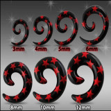 Expander pentru ureche, negru - spirală cu stele roşii - Lățime: 8 mm