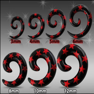Expander pentru ureche, negru - spirală cu stele roşii - Lățime: 10 mm foto