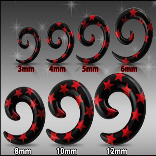 Expander pentru ureche, negru - spirală cu stele roşii - Lățime: 6 mm