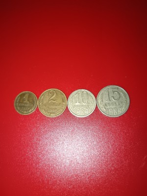 Lot 4 monede URSS: 1 + 2 + 10 + 15 copeica (copeici) 1989, stari EF+ / aUNC [poze]. Discount conform descriere [10 - 20 %. Vezi descrierea.]. foto