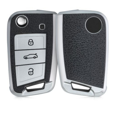 Husa Cheie Auto pentru VW/Skoda/Seat, 3 Butoane, Kwmobile, Silicon, Silver/Negru, 54022.04 foto