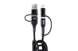 Cablu USB 3 in 1 AMiO UC-15, 1m, USB - USB-C - Apple Lightning, pentru iPhone, transfer de date, negru, protectie la supraincarcare