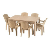 Set masa dreptunghiulara, cu 6 scaune, pentru gradina, din plastic, model impletitura ratan, crem, 150 x 90 x 84 cm