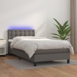 VidaXL Pat cu arcuri, saltea și LED, gri, 100x200 cm, piele ecologică