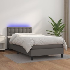 vidaXL Pat cu arcuri, saltea și LED, gri, 90x190 cm, piele ecologică 3134199 foto
