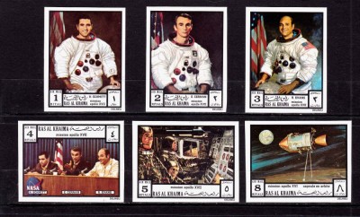 ✅( S24 ) Ras Al Khaima 1972 &amp;quot;Misiunea spatiala Apollo 17 &amp;quot;, serie Michel 840/845 B ,nedantelate, cota mare Mi.CV 30 &amp;euro;,MNH foto