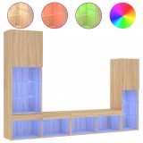 Cumpara ieftin Unitati de perete TV cu LED-uri, 4 piese, stejar sonoma, lemn