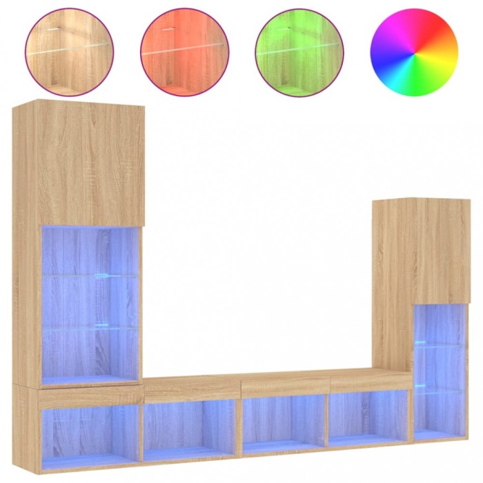Unitati de perete TV cu LED-uri, 4 piese, stejar sonoma, lemn