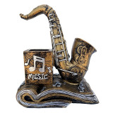 Cumpara ieftin Statueta, in forma de saxofon cu note muzicale si suport pentru pixuri, 18 cm, 1562G-1