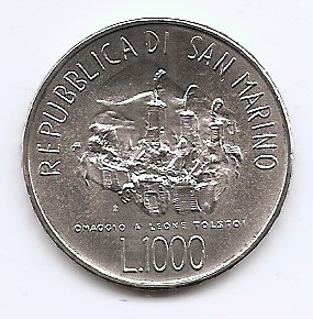 San Marino 1000 Lire 1978 (Tolstoy) Argint 14.6 g/835, 31.4 mm, KM-85 (3)