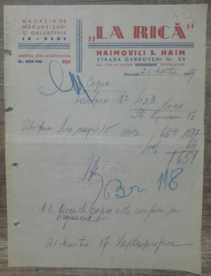 Document ,,La Rica&amp;quot;, magazin de maruntisuri si galanterie/ 1949 foto