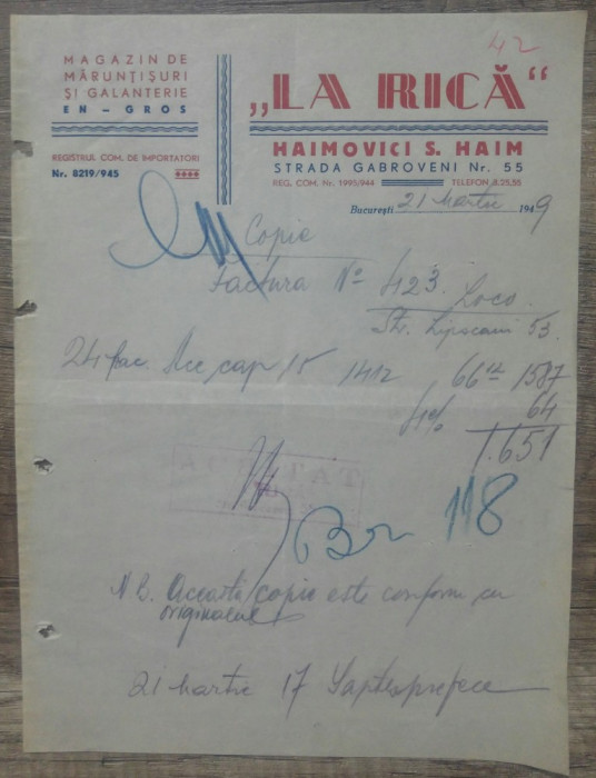 Document ,,La Rica&quot;, magazin de maruntisuri si galanterie/ 1949