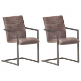 vidaXL Scaune de bucătărie cantilever, 2 buc., maro, piele naturală