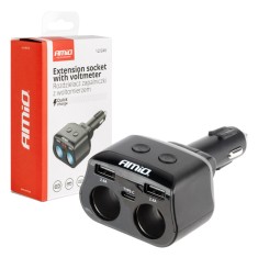 Distribuitor priza bricheta auto AMiO 12/24V cu voltmetru, 2 prize 12/24V, 2x USB, 1x USB-C, putere maxima 200W, pentru autoturisme, camioane si