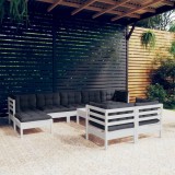 Gossi set mobilier gradina cu perne, 10 piese, alb, lemn masiv pin