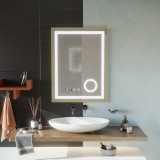 Oglinda LED Touch CLARUS Sistem Dezaburire, Ceas si Temperatura 60x80 cm Rama Auriu Brushed Lupa Cosmetica ModernLight Concept