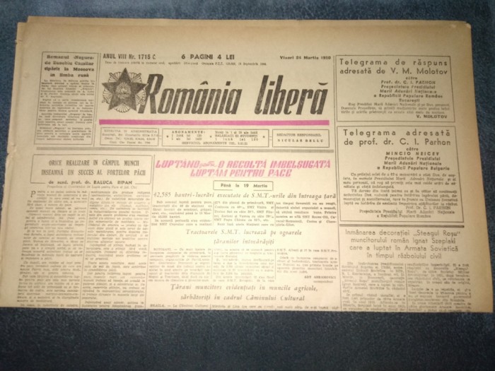 ZIARUL ROMANIA LIBERA 24 MARTIE 1950
