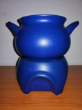 Vaporizator ceramic albastru mare de ulei parfumat aromaterapie in forma de oala ceramica albastra cu suport lumanare pentru incalzire