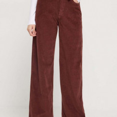 Roxy pantaloni de catifea cord culoarea maro, lat, high waist