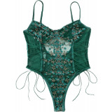 osy Body sexy pentru femei, cu dantelă, cu broderie florală, lenjerie de pluș, top cu plasă transparentă, o bucată, verde armată, X-Small